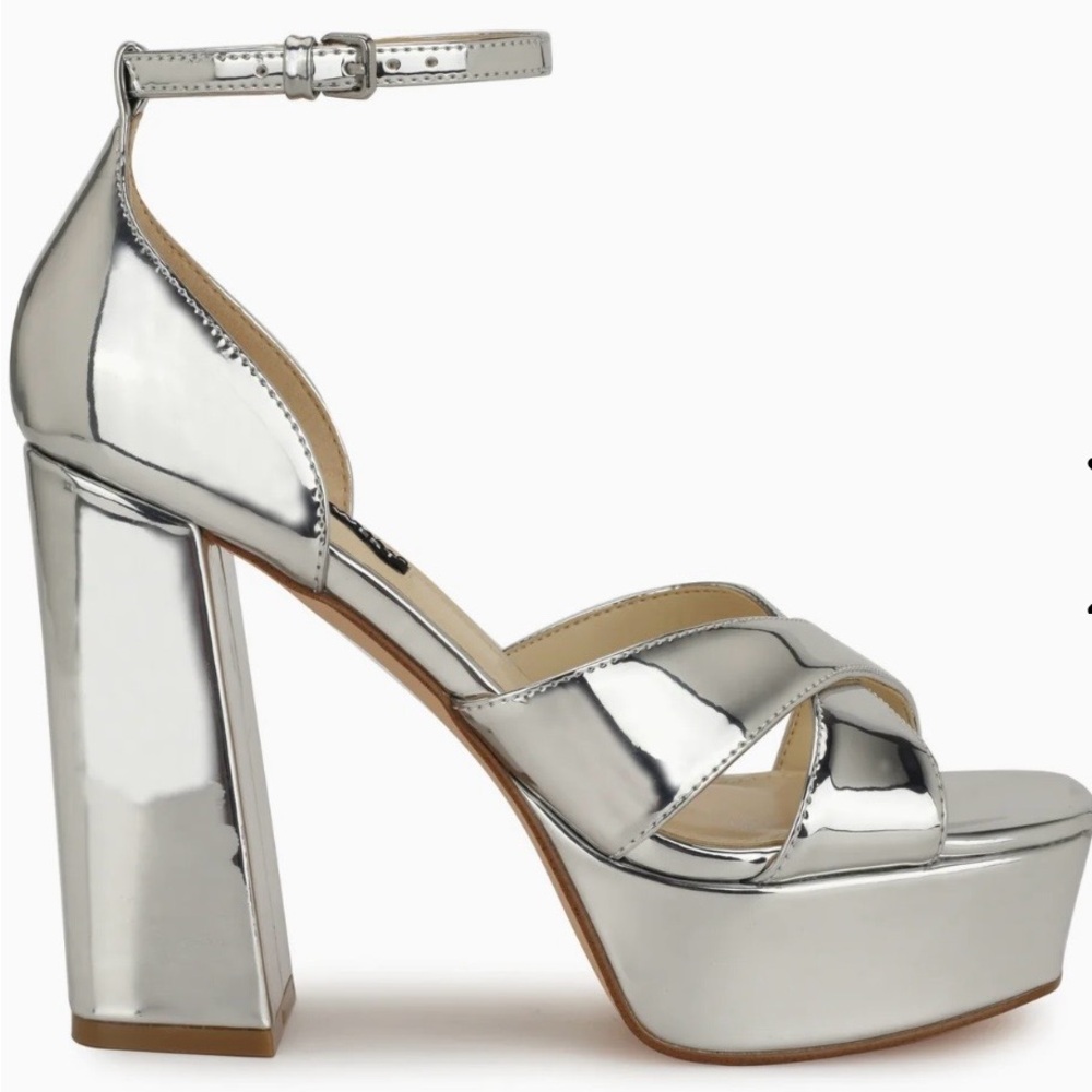 Nine West Silver Metallic Platform Block Heel Sandal with Ankle Strap Size 10